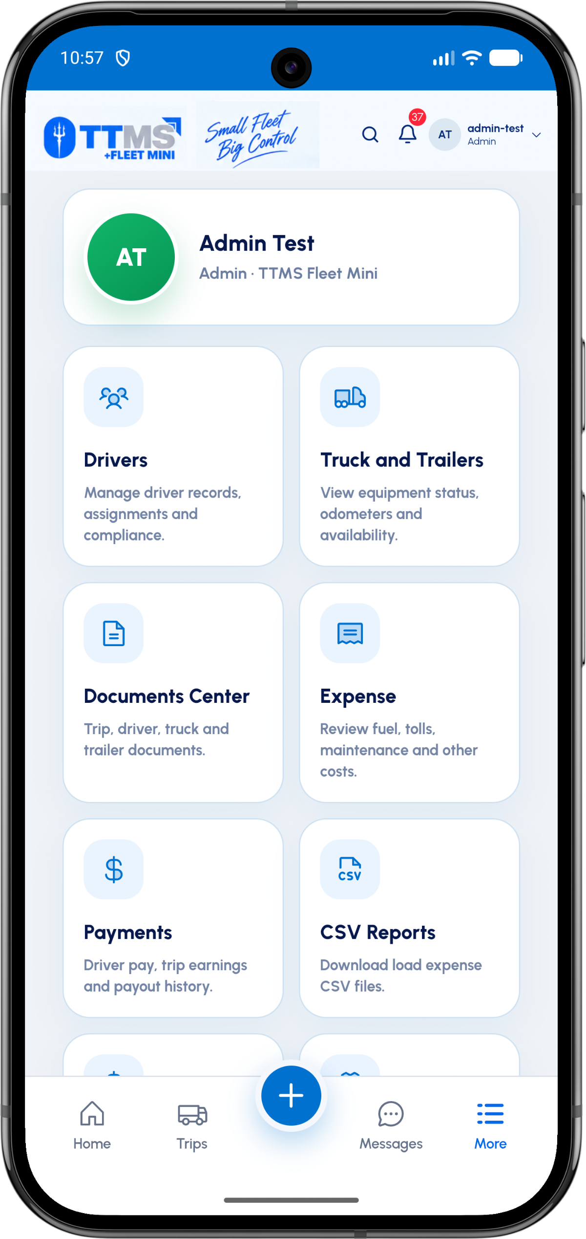 Fleet Mini feature menu with a Documents Center for trip, driver, truck and trailer files